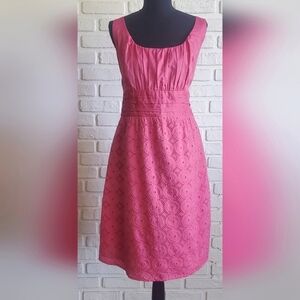 Ann Taylor Loft Sleeveless Cotton Dress Ruching, Pleats Eyelet Lace Raspberry
